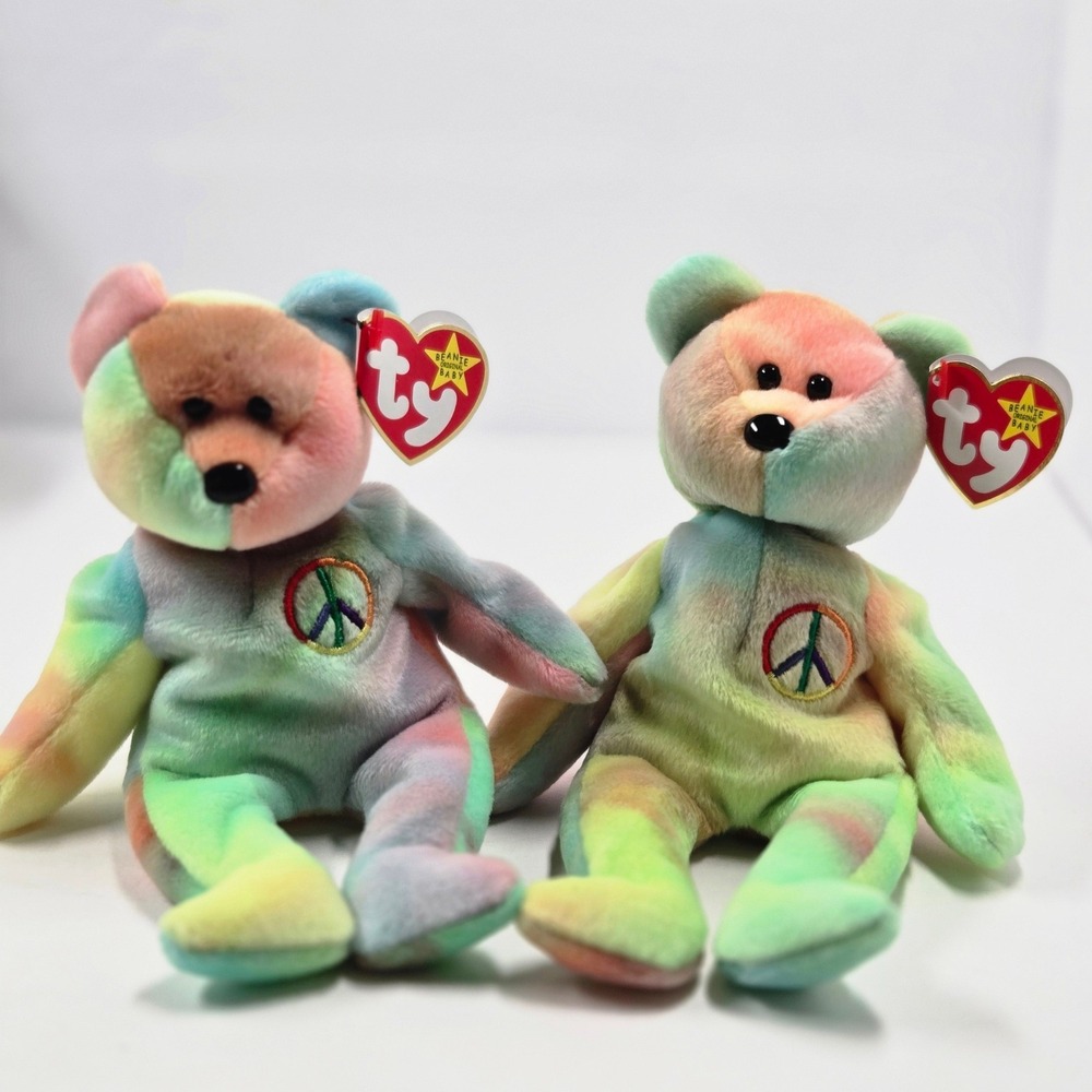 Ty Beanie Babies Peace Bear 1996 Tie Dye Plush Lot of 2 w Tags Vintage